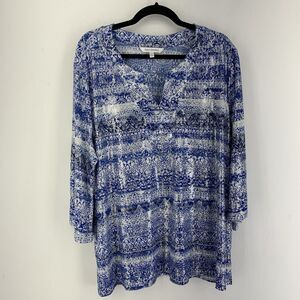 Emily Daniels Womens 2X Tunic Top Artsy Colorful Slinky 3/4‎ Sleeve Stretch Blue